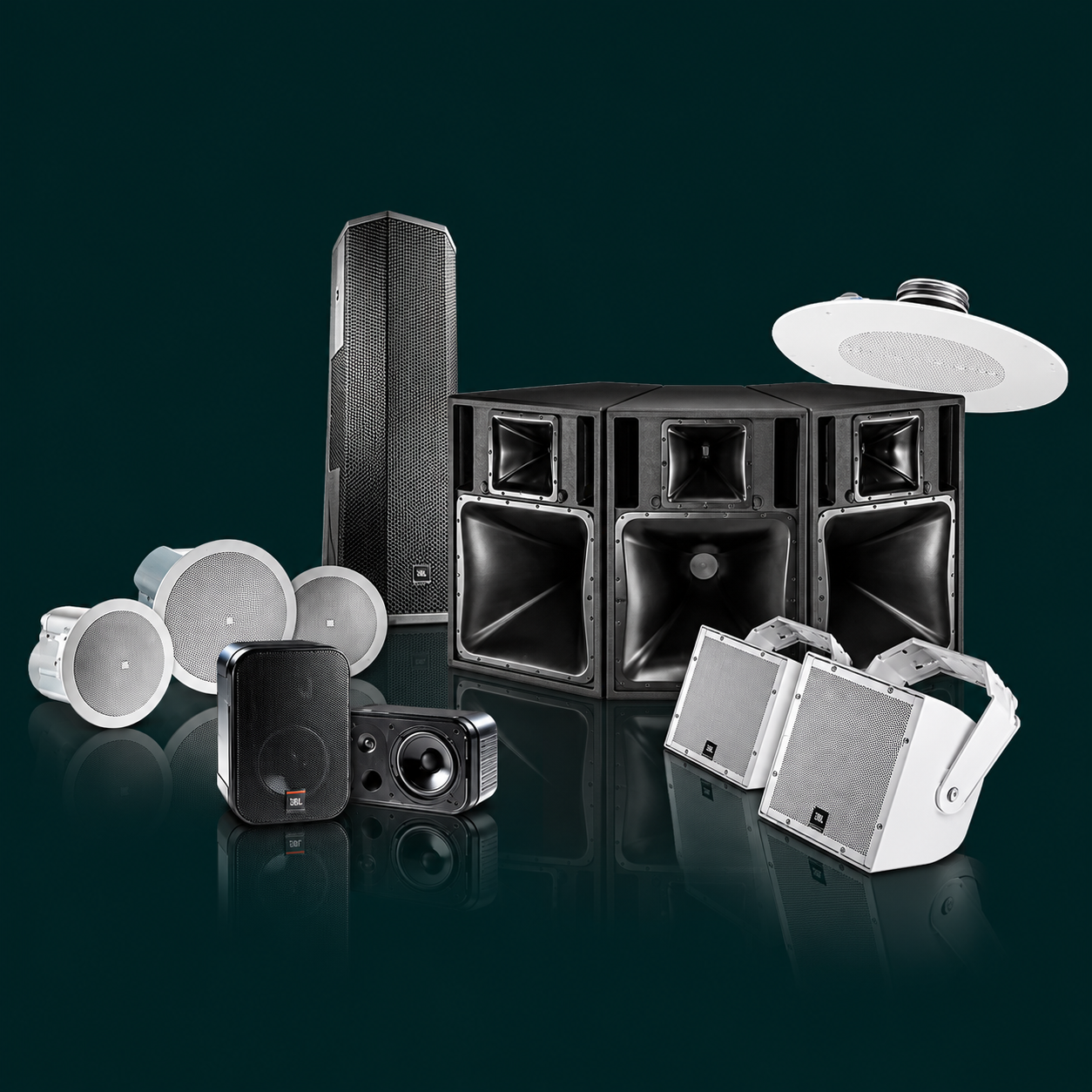 Line array speakers installed in a commercial auditorium